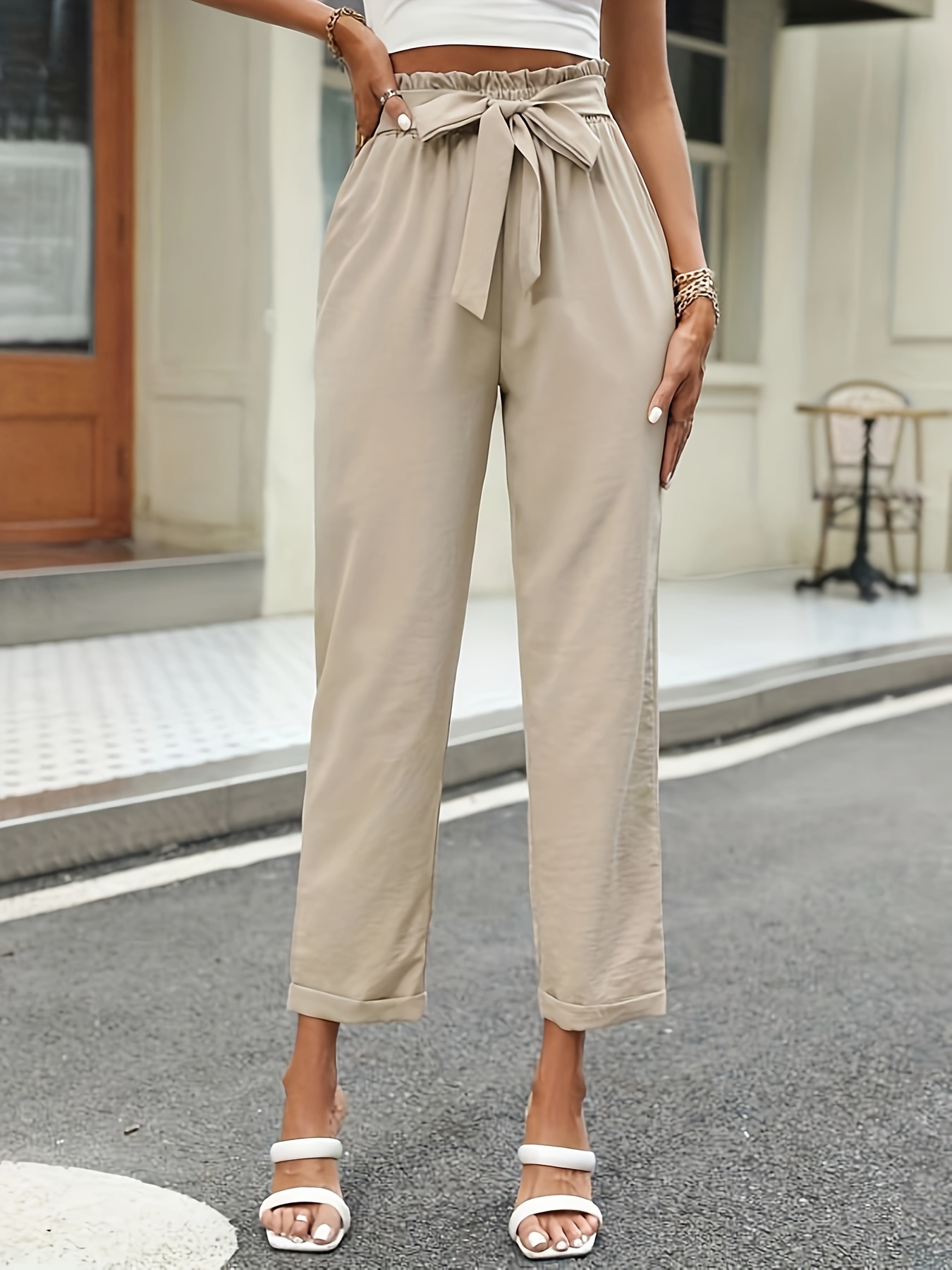 Solid Textured Wide Leg Pants Elegant Shirred Waist Pocket - Temu