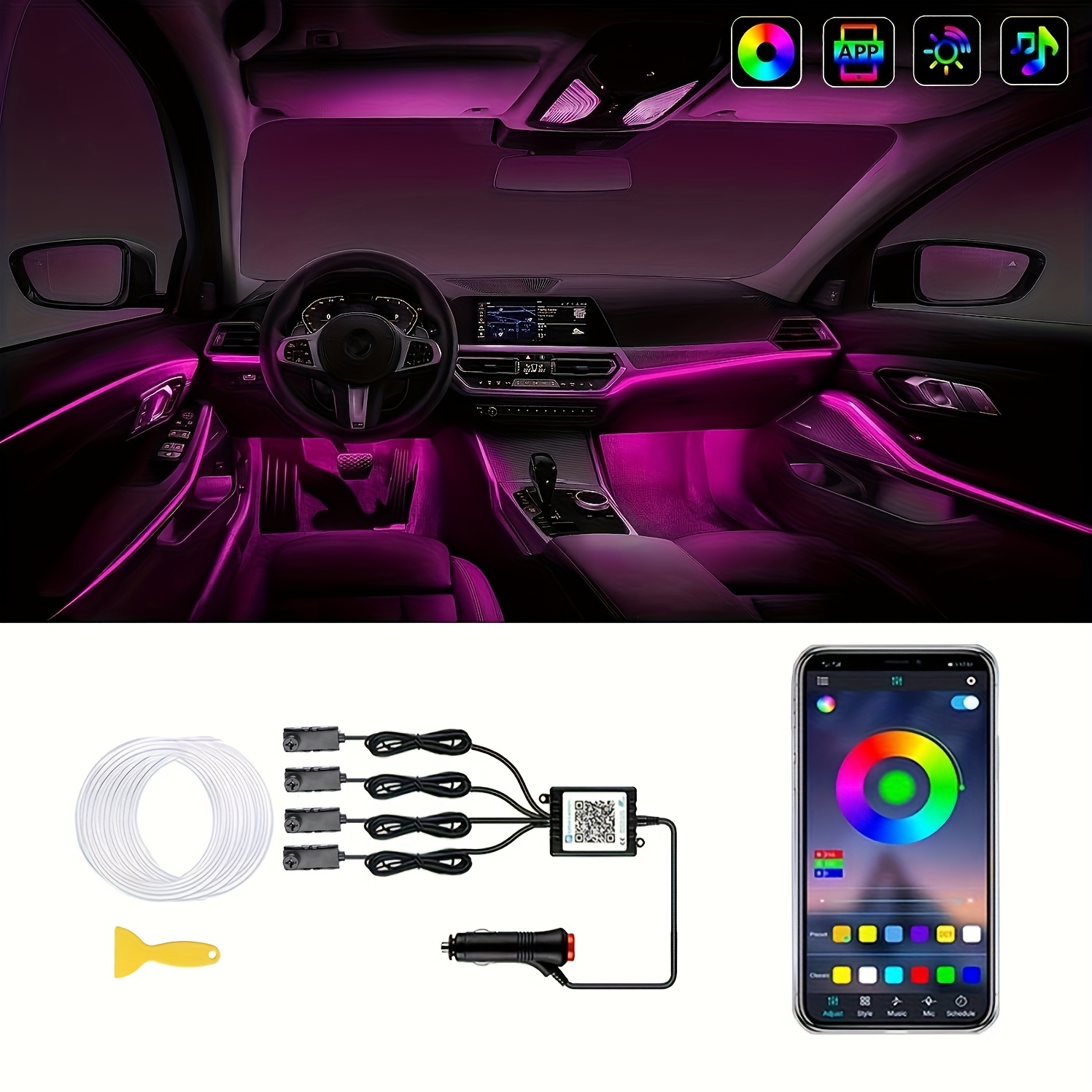 Lampe de pied de voiture à LED, lumière ambiante RVB, application USB,  télécommande sans fil, contrôle de la musique, intérieur automobile,  lumières