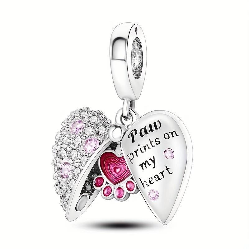 

1pc Pink Color Silver Plated Pendant Heart Shaped Paw Print Magnetic Charm Fits Original Bracelet Necklace Love Pet Beads For Jewelry Making Valentine's Day