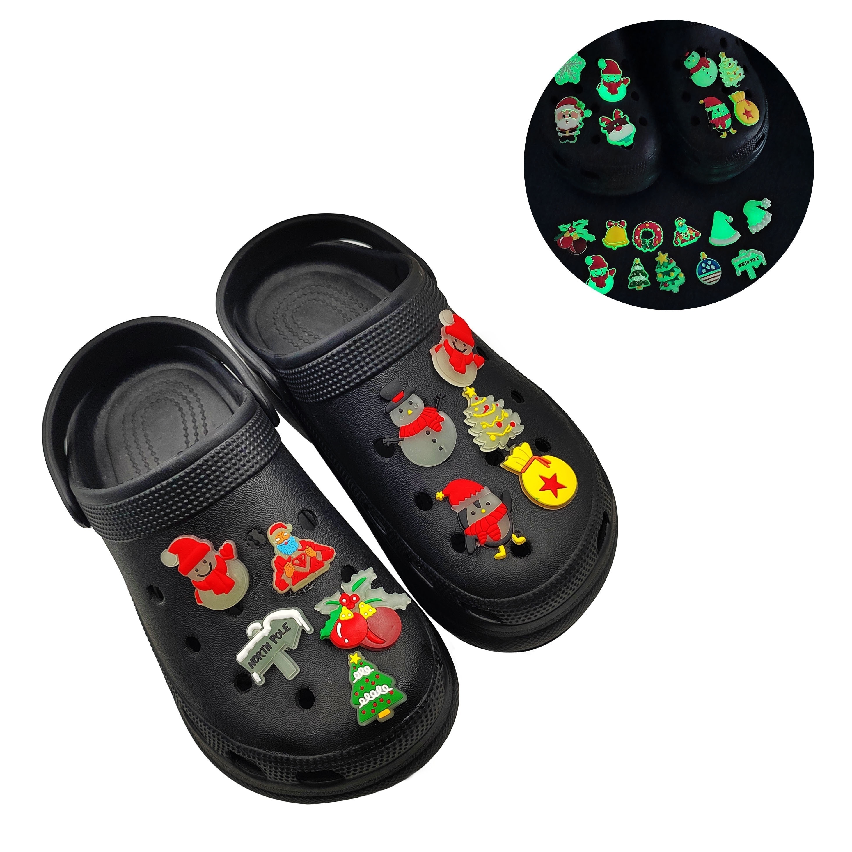 18/37pcs Luminous Christmas Shoe Charms for Bubble Slides Sandals, Christmas Santa Claus Charm for Women,PVC Luminous Charms for Clogs Bubble Side