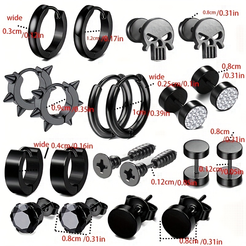 TEMU 10 Pairs 304 304 Stainless Steel Stud Earrings Set, Hypoallergenic Huggie Hoops, Small Surgical 304 304 Stainless Steel Earring Studs, Black