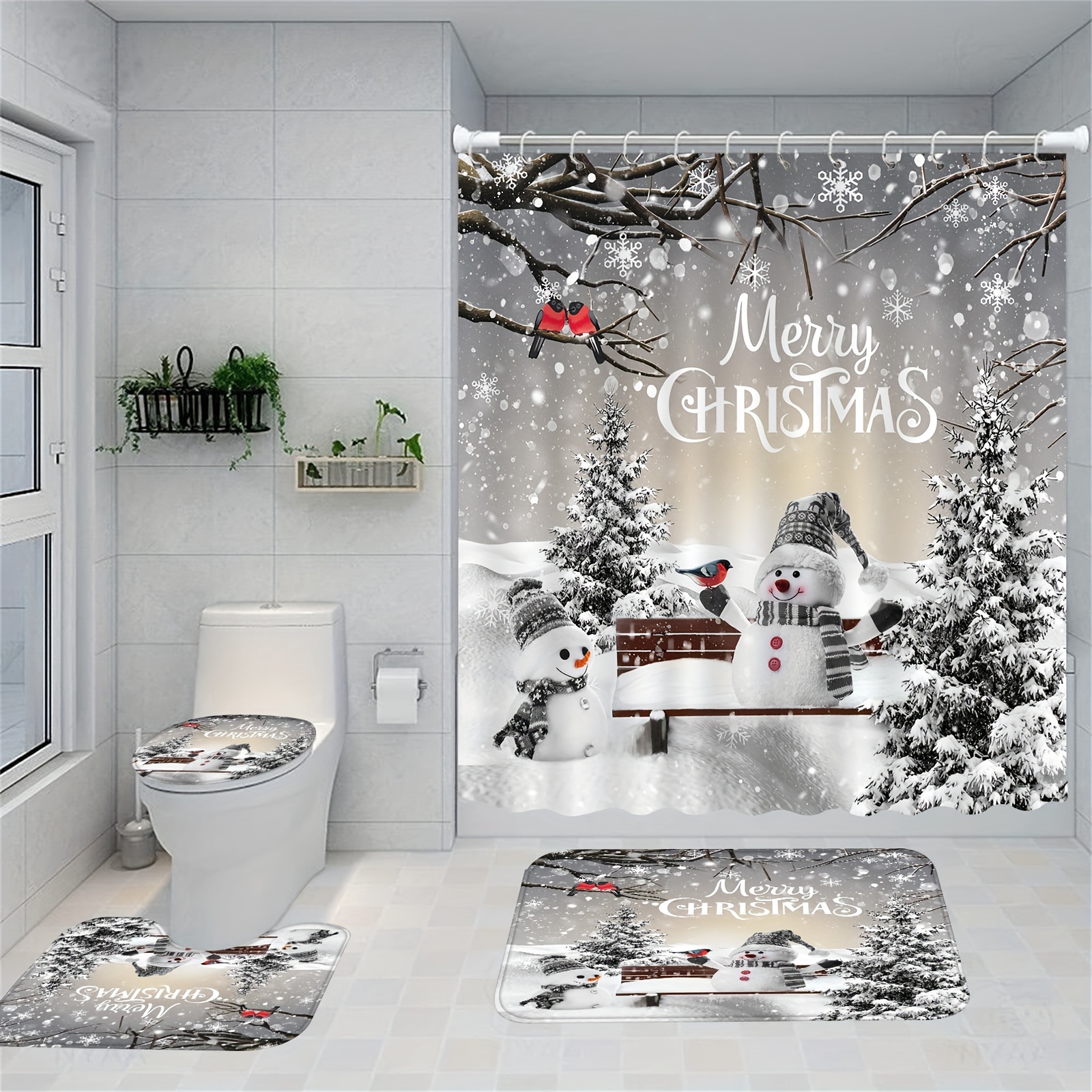  BROSHAN Cortina de ducha pequeña de Navidad, color rojo y  verde, cortina de ducha de baño con adornos de copos de nieve, juego de  decoración de baño de Navidad con ganchos