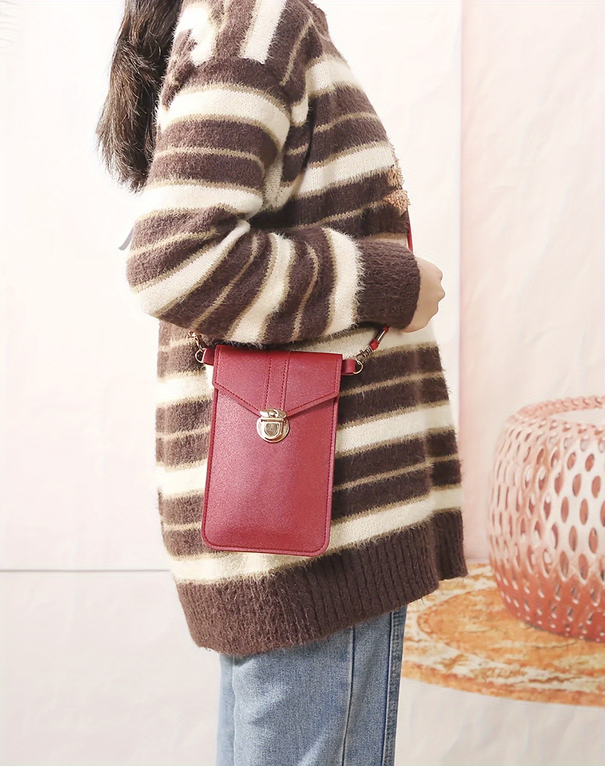 1pc Women's Touch Screen Crossbody Phone Bag - Stylish Mini Shoulder Wallet with Detachable Strap, Golden-Tone Clasp & Card Holder, Pink, Phone Purse