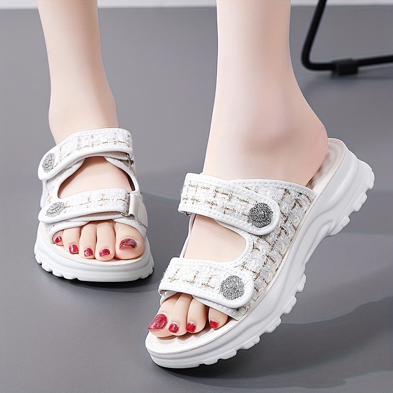 Platform Hook And Loop Sandals, WHITE