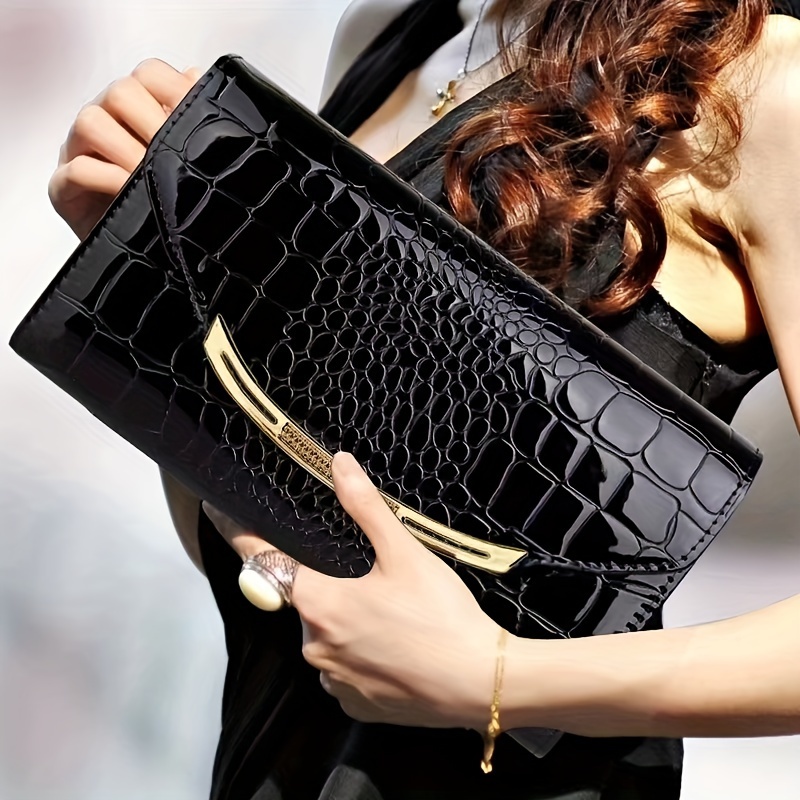 

Elegant Clutch Bag For Women, Crocodile Pattern Envelope Handbag, Luxury Patent Pu Leather Flap Purse