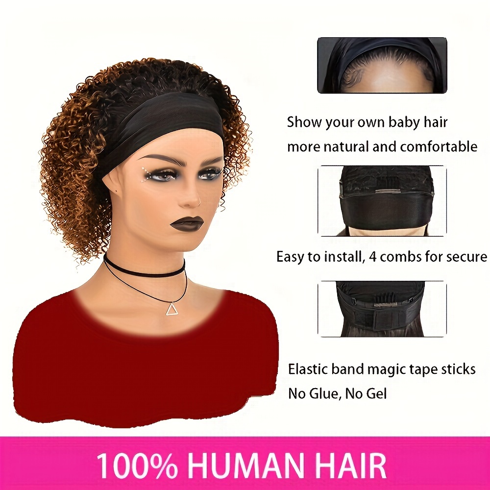 Ombre Afro Kinky Curly Headband Wigs 100% Human Hair Wig for Women 10 inch Short Curly Headband No Glue Wig Full Machine Made Wig 250% Density,Temu