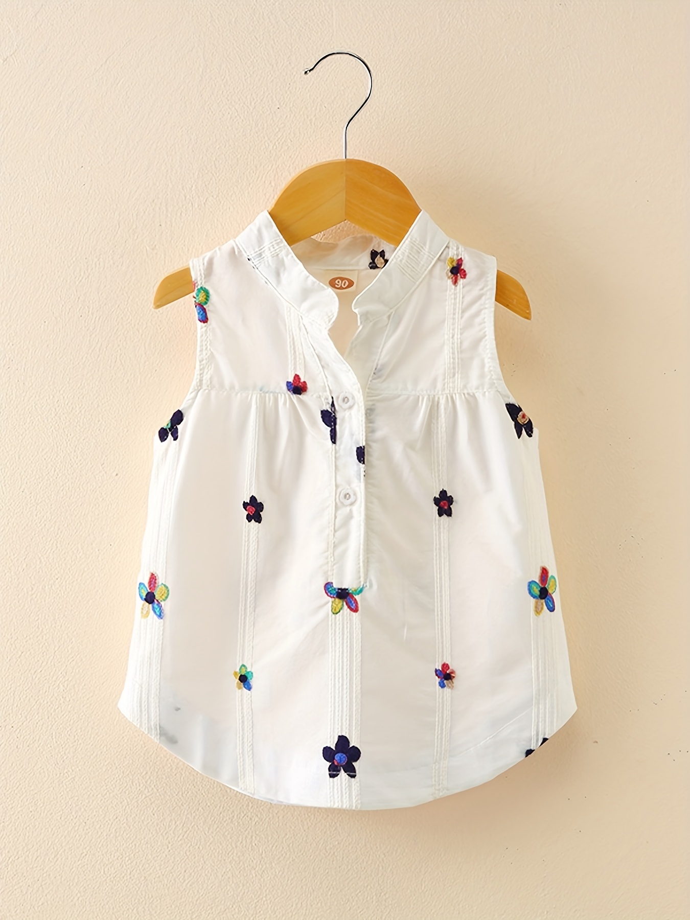 Toddler Girls Flower Embroidery Sleeveless Button Curved Hem Casual Blouse  Tops Kids Summer Clothes