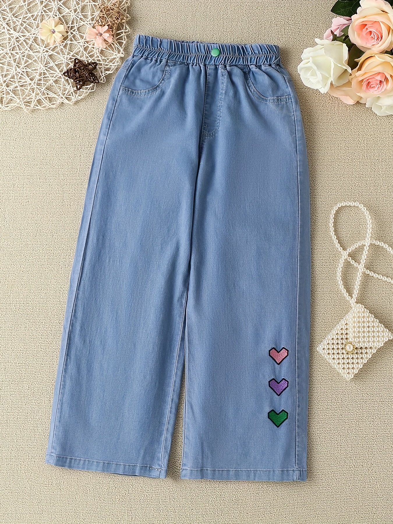Casual Girls Heart Embroidered Baggy Jeans Street Style Wide Leg