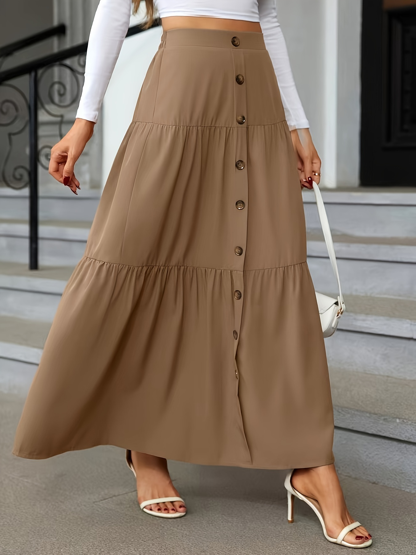 high waist tiered skirts casual solid button front maxi skirts womens clothing details 26
