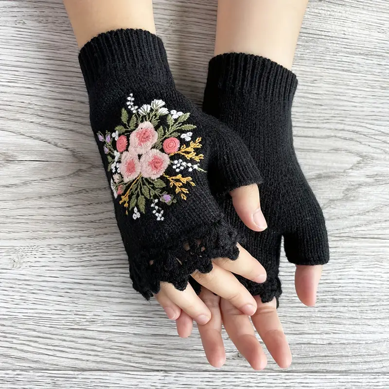 Embroidery Floral Knitted Gloves Retro Handmade Hook Edge Half Finger Touchscreen Gloves Autumn Winter Women's Warm Gloves,Temu