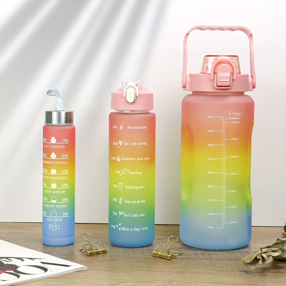 3pcs Gradient Sports Water Bottle With Straw, Time Marker And