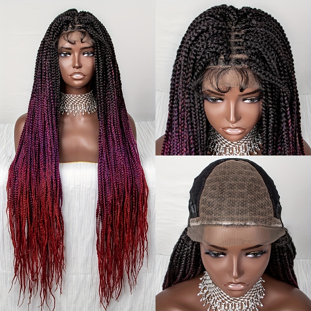 Braided Wig Box Braids Lace Front Wigs for Black Women 1b Black/burgundy  Ombre 