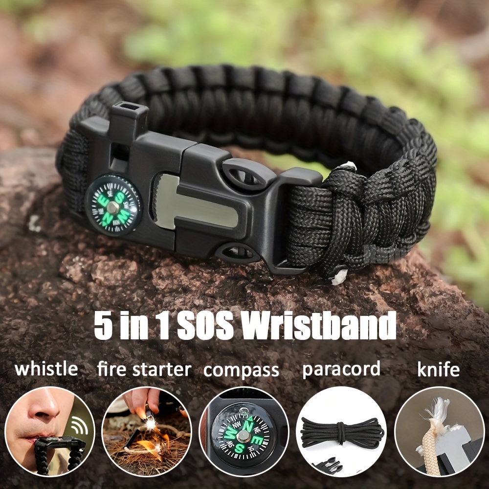 

1pc 5-in-1 Survival Paracord Bracelet, Outdoor Tactical Emergency Gear Kit Travel Camping Rope With Compass Whistle For Men Women