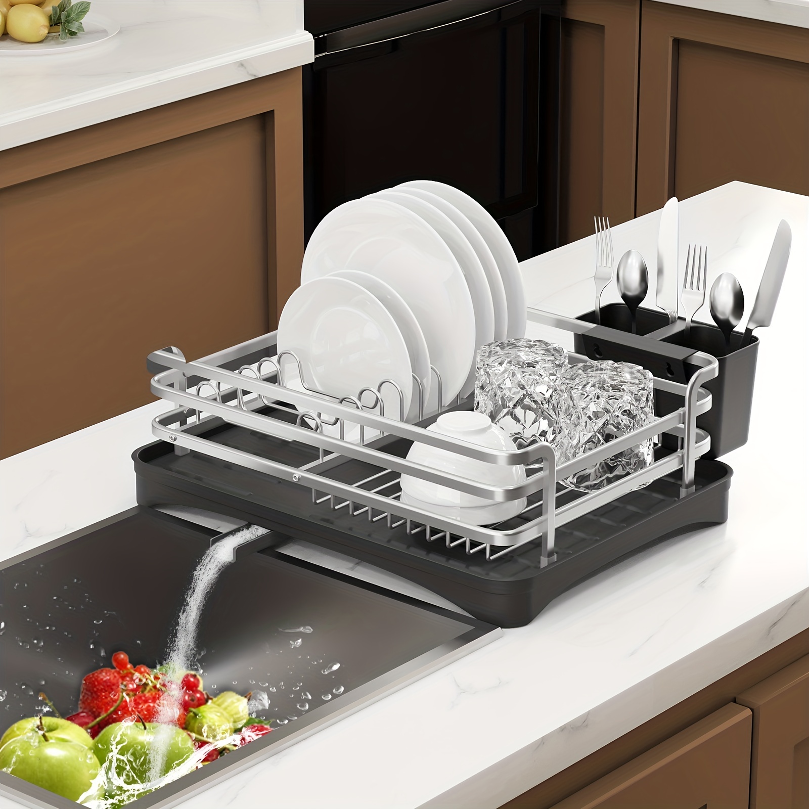Rustproof Aluminum Dish Drying Rack With Drainage, Utensil And Cup
