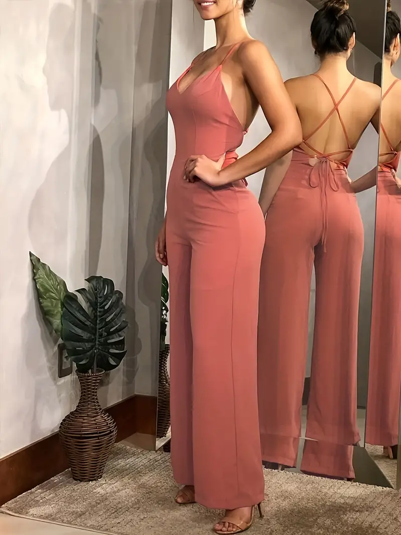 Cross Tie Back V neck Jumpsuit Sexy Solid Backless Jumpsuit - Temu