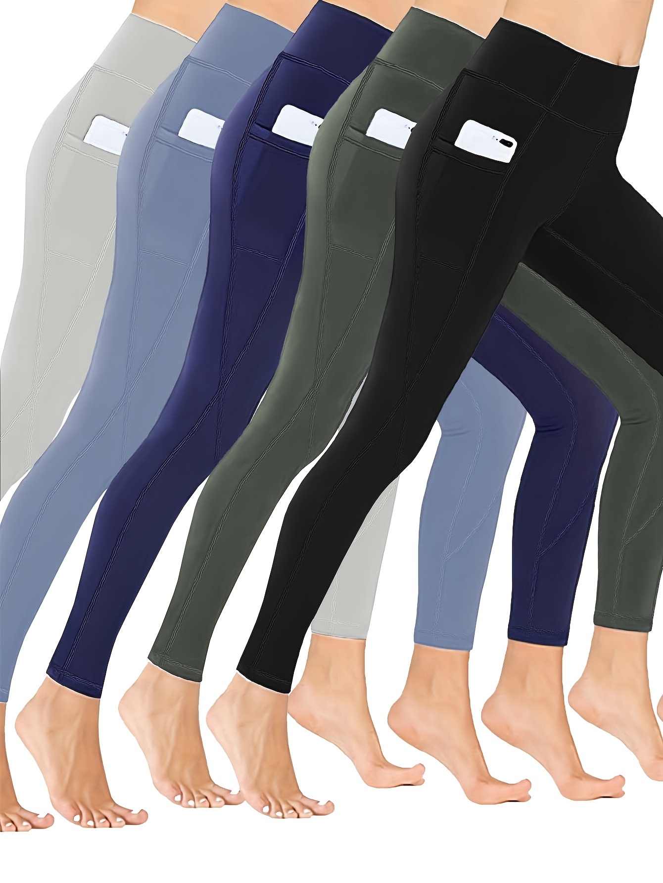 5pcs/Set Women's High Waist Yoga Pants With Pockets, Compression