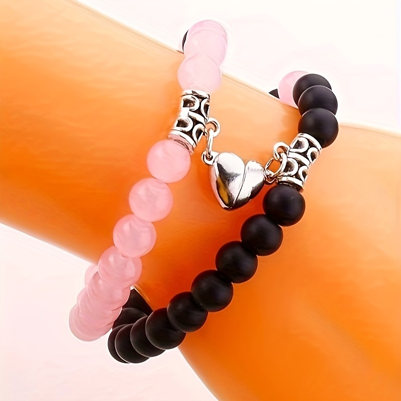 

Exquisite 2 Pcs Set Of Beaded Bracelet With Heart Pendant Vintage Elegant Style Trendy Female Valentine's Day Gift