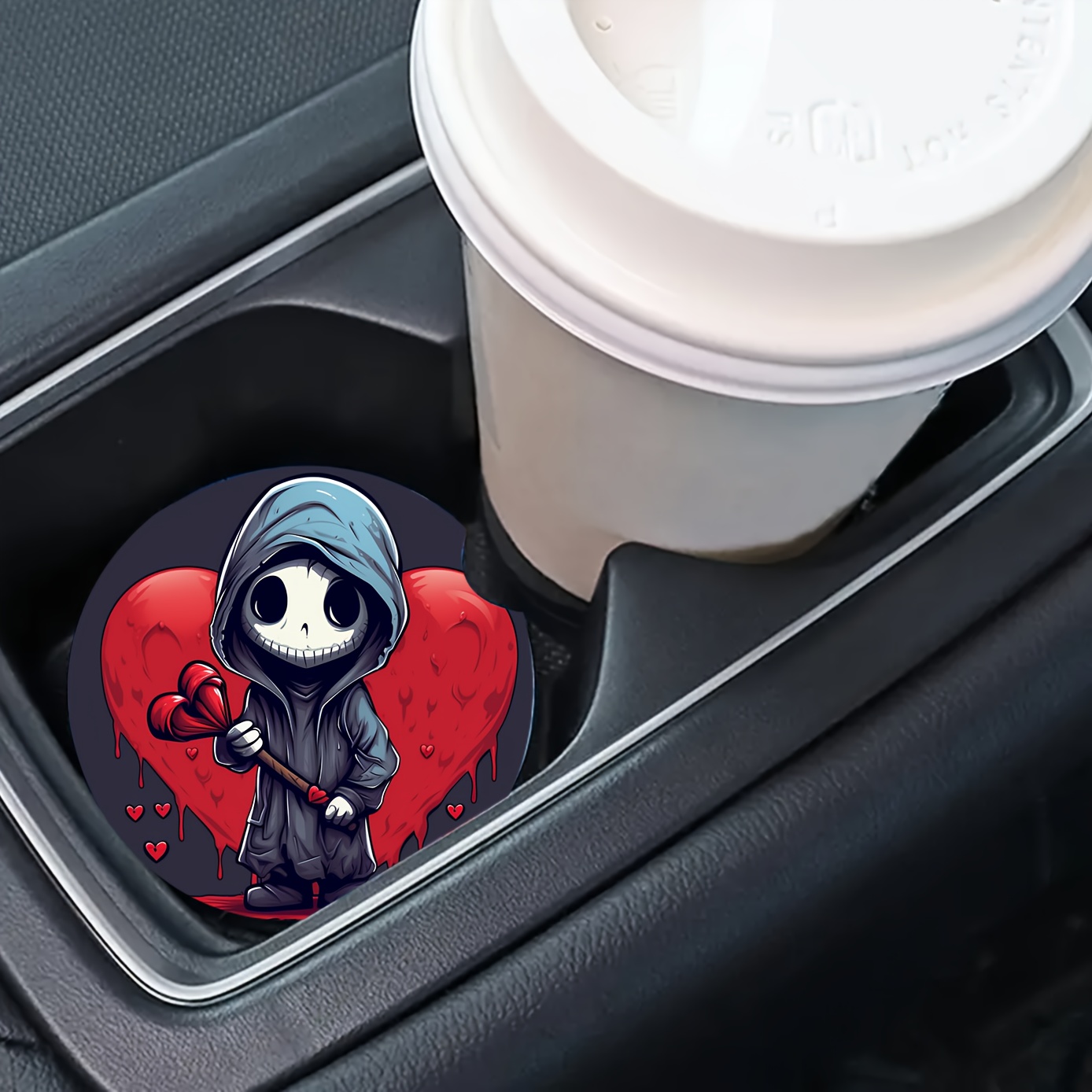 Love Heart Grim Reaper Car Coasters Funny Cartoon Print Cup - Temu