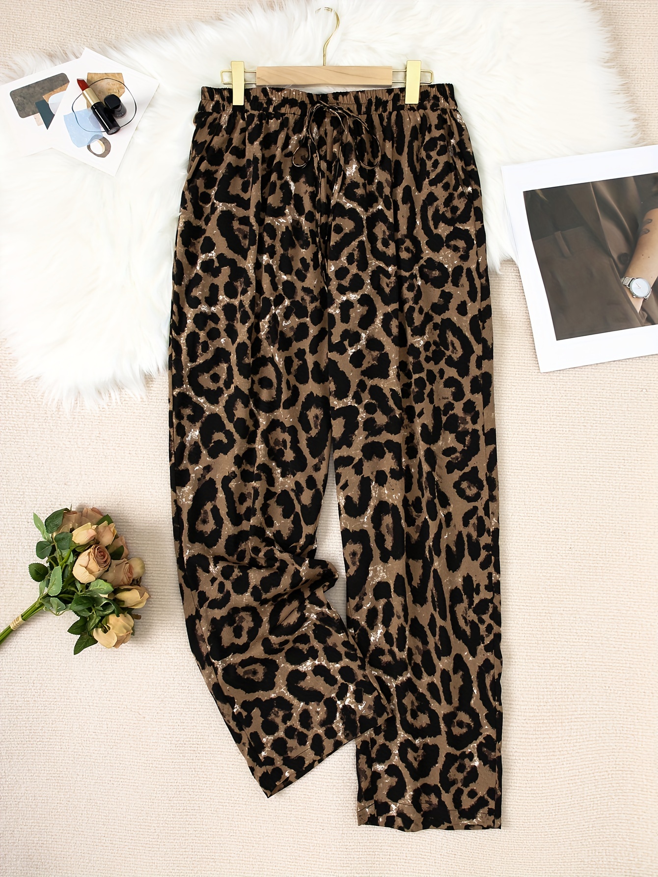 Leopard Print Ruched Stacked Pants Casual Drawstring Waist - Temu