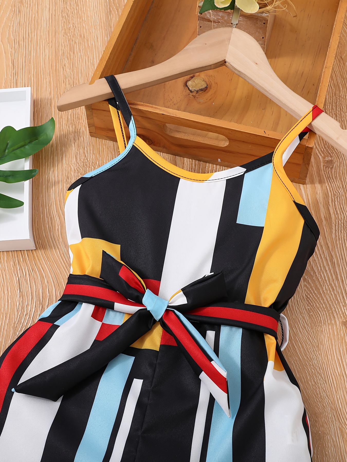 Girls Cami Romper Block Geometry Print Jumpsuit With Belt