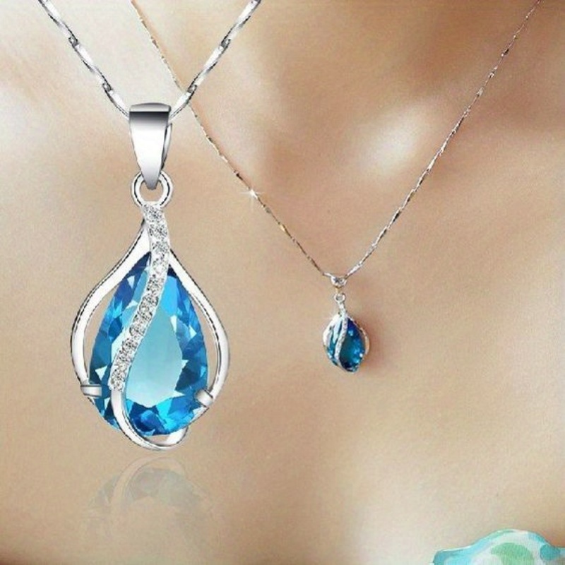 925 Silver Plated Teardrop Aquamarine Pendant Necklace