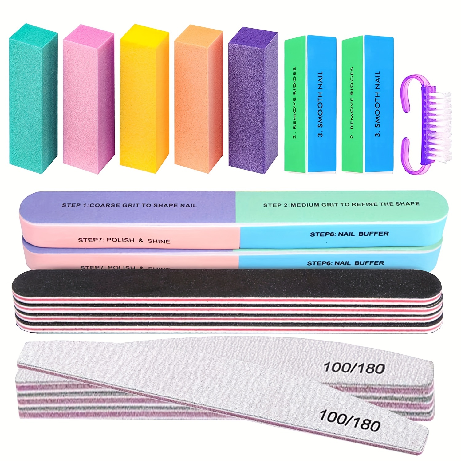 TEMU Complete Nail Care Kit: 18/20pcs - Colorful Sanding & Polishing Blocks, Files, And Brush For Acrylic, Gel, And Natural Nails - Odorless Manicure Set