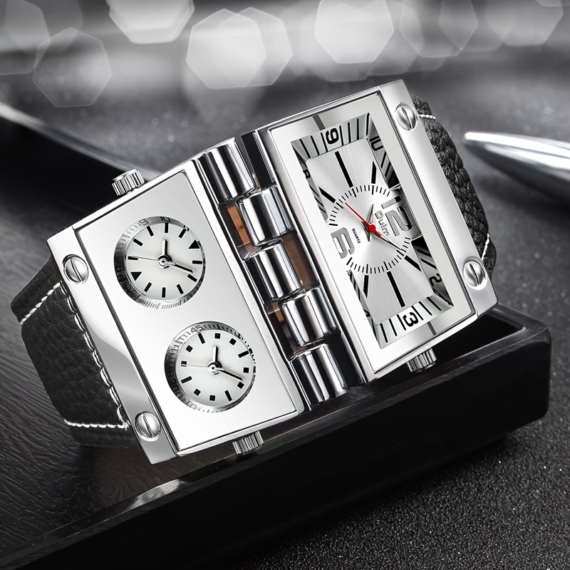 oulm mens quartz watch large dial trend multi time zone rectangular watch 7