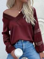 solid contrast lace blouse elegant long sleeve v neck blouse for spring fall womens clothing