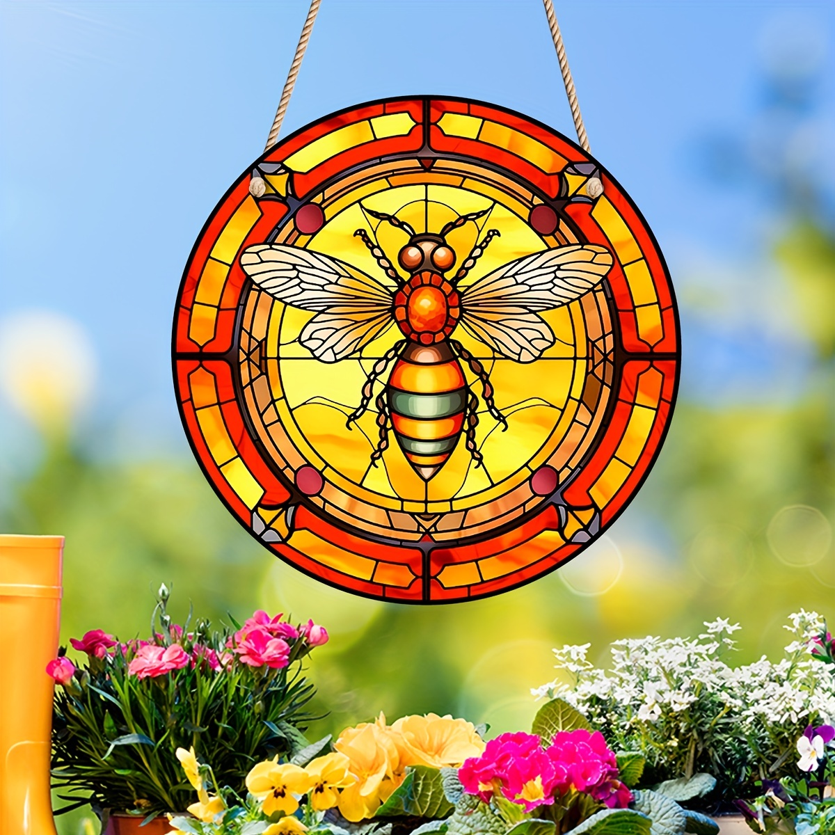 Stained Glass Bee Honeycomb Hanging Suncatcher Ornaments Window Garden Decor