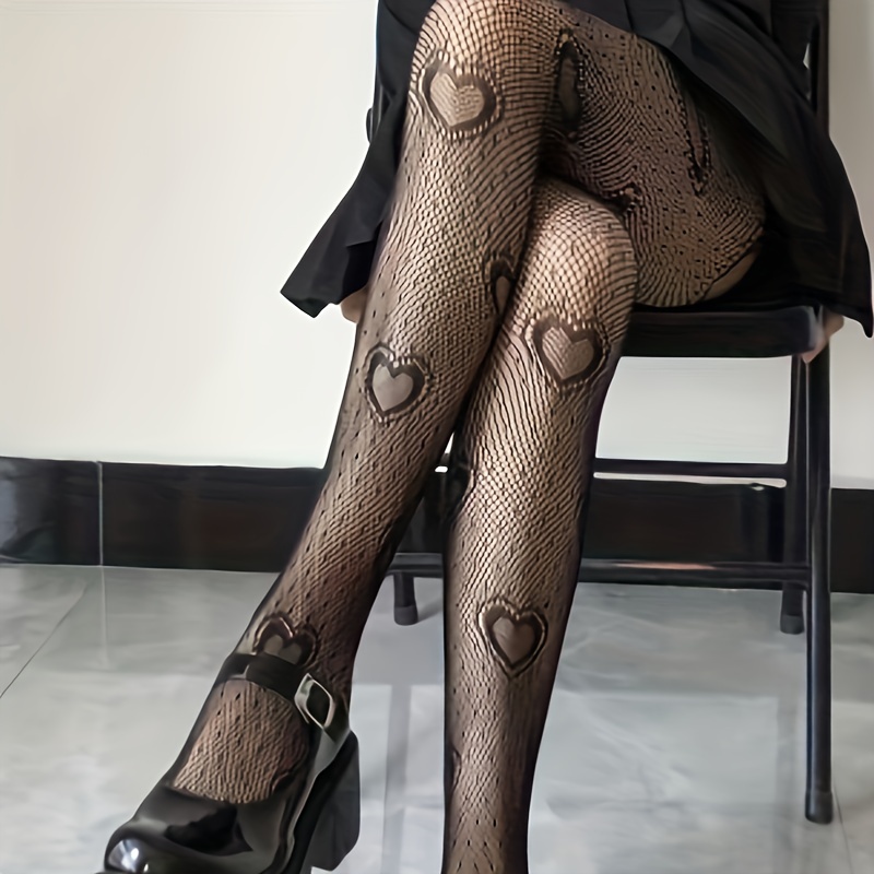 Heart Print Fishnet Tights, Breathable Sexy High Waist Hollow Out Mesh  Pantyhose, Women's Stockings & Hosiery