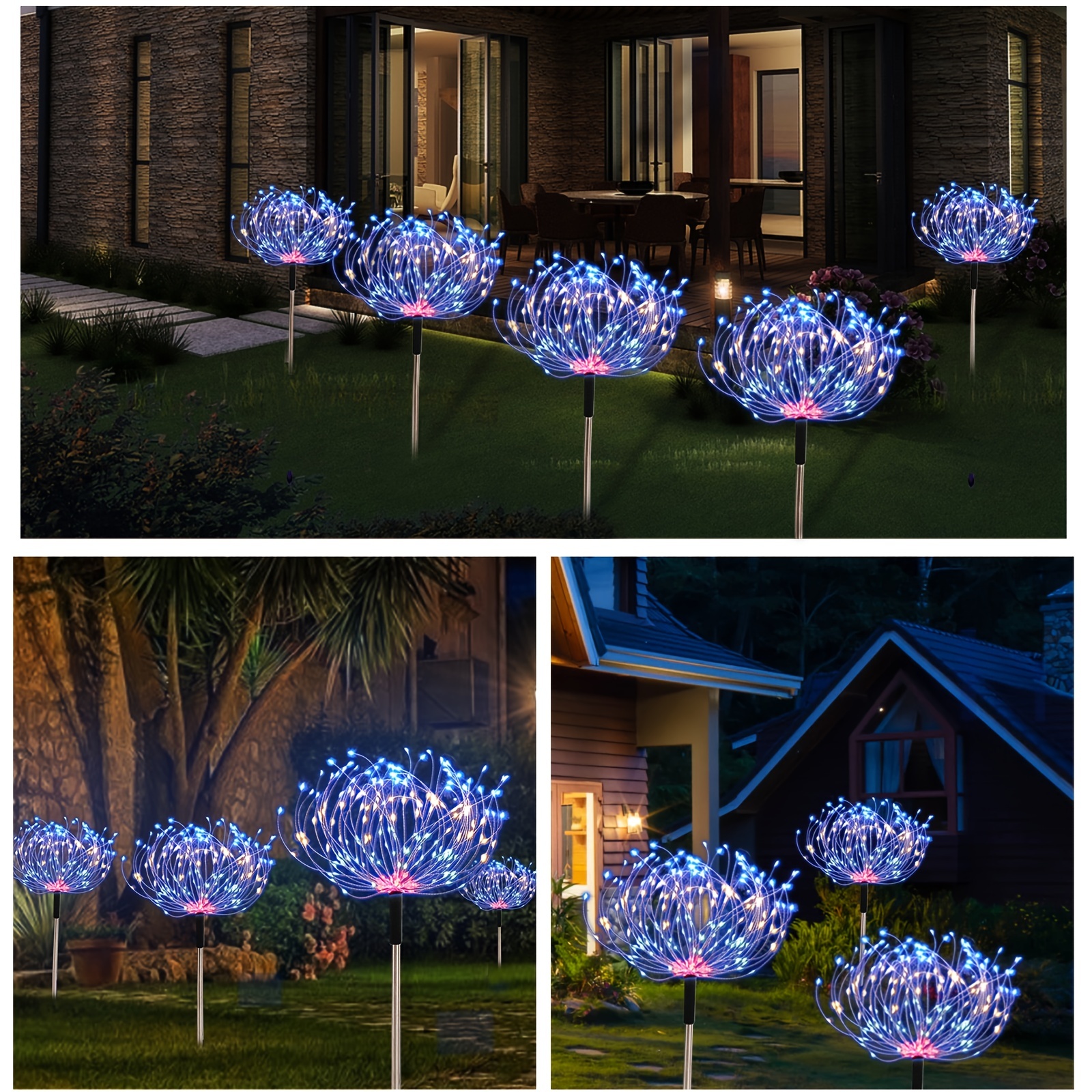 Lot de 4 feux d'artifice solaires d'extérieur - 120 LED - Alimentées par 40  fils de cuivre - Lumière de paysage pour allée, jardin, décoration de Noël  - Blanc chaud : : Luminaires et Éclairage