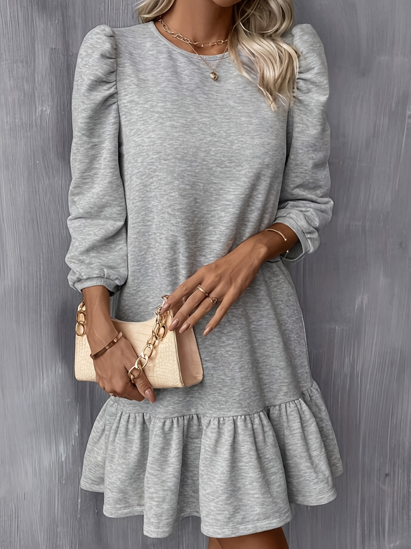 Solid Ruffle Hem Lantern Sleeve Dress Casual Crew Neck Knee Temu New Zealand