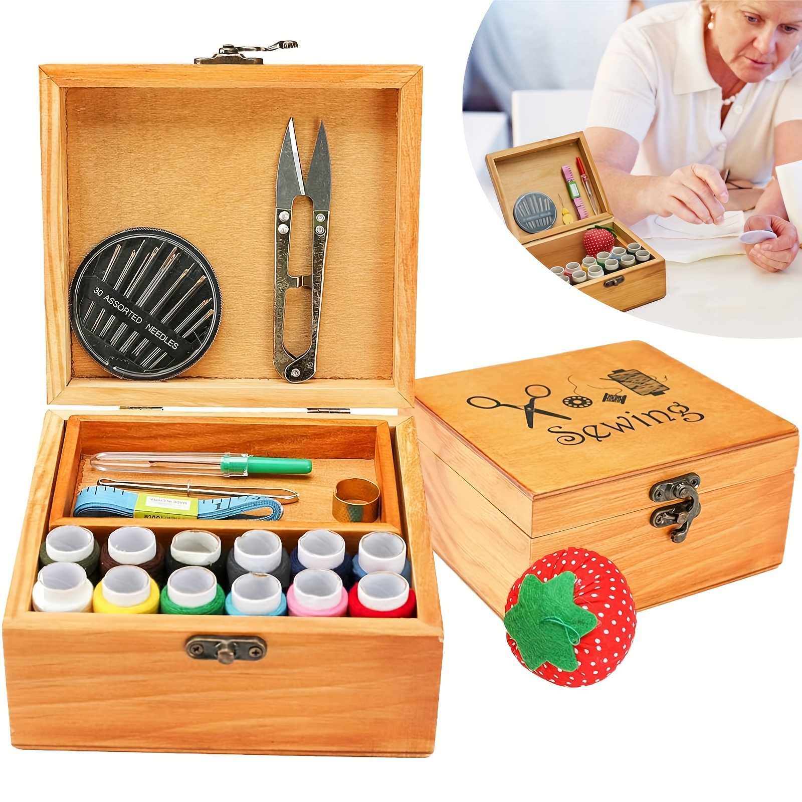 1 Set DIY Sewing Kit, Wooden Sewing Kit Box For Adults - Organizational  Wooden Sewing Basket With Accessories - Home Sewing Stitching Repair Kit  For A