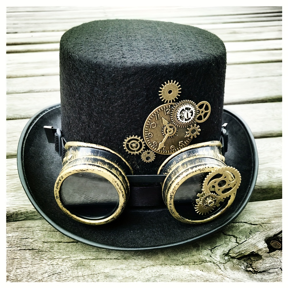 1pc Steampunk Top Hat With Metal Chain, Goggles - Victorian Headdress Costume Accessory - Ideal For Halloween And Cosplay, Ideal choice for Gifts - Click Image to Close