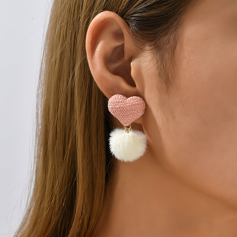 Heart Shaped Pink Earrings with Pom Pom