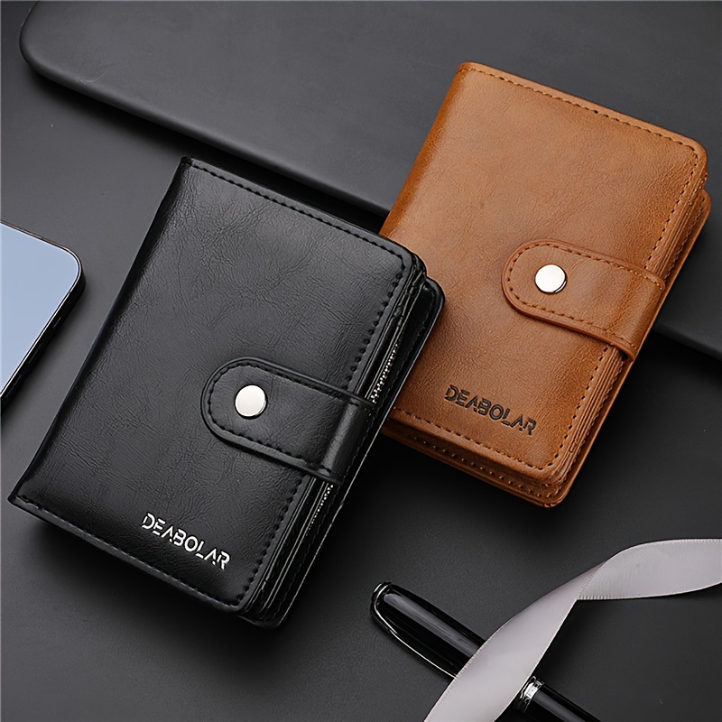 Fashion Snap Button Men's Short Wallet Vintage Leather Coin Purse Tri Fold  Card Holder Zipper Male Money Wallet