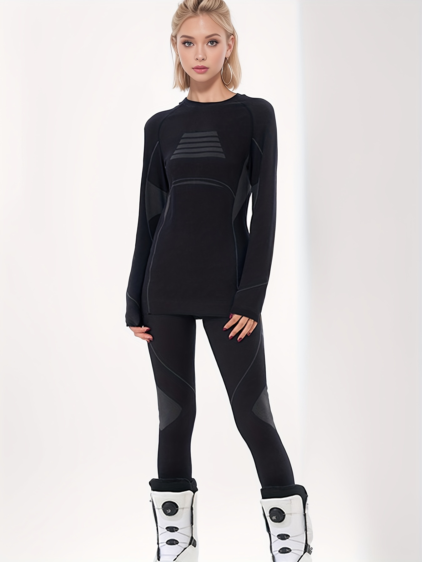 2pcs Thermal Set, Long Sleeve Warm Ski Cycling Base Layer Top & Leggings  Suit, Women's Activewear
