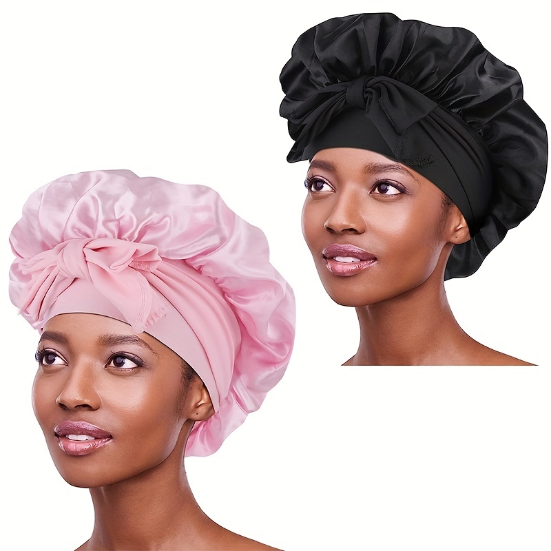 2pcs Silk Bonnet For Sleeping, Hair Bonnet For Curly Hair, Satin Bonnets  For Sleeping, Soft Elastic Band Satin Sleep Cap (black+pink)