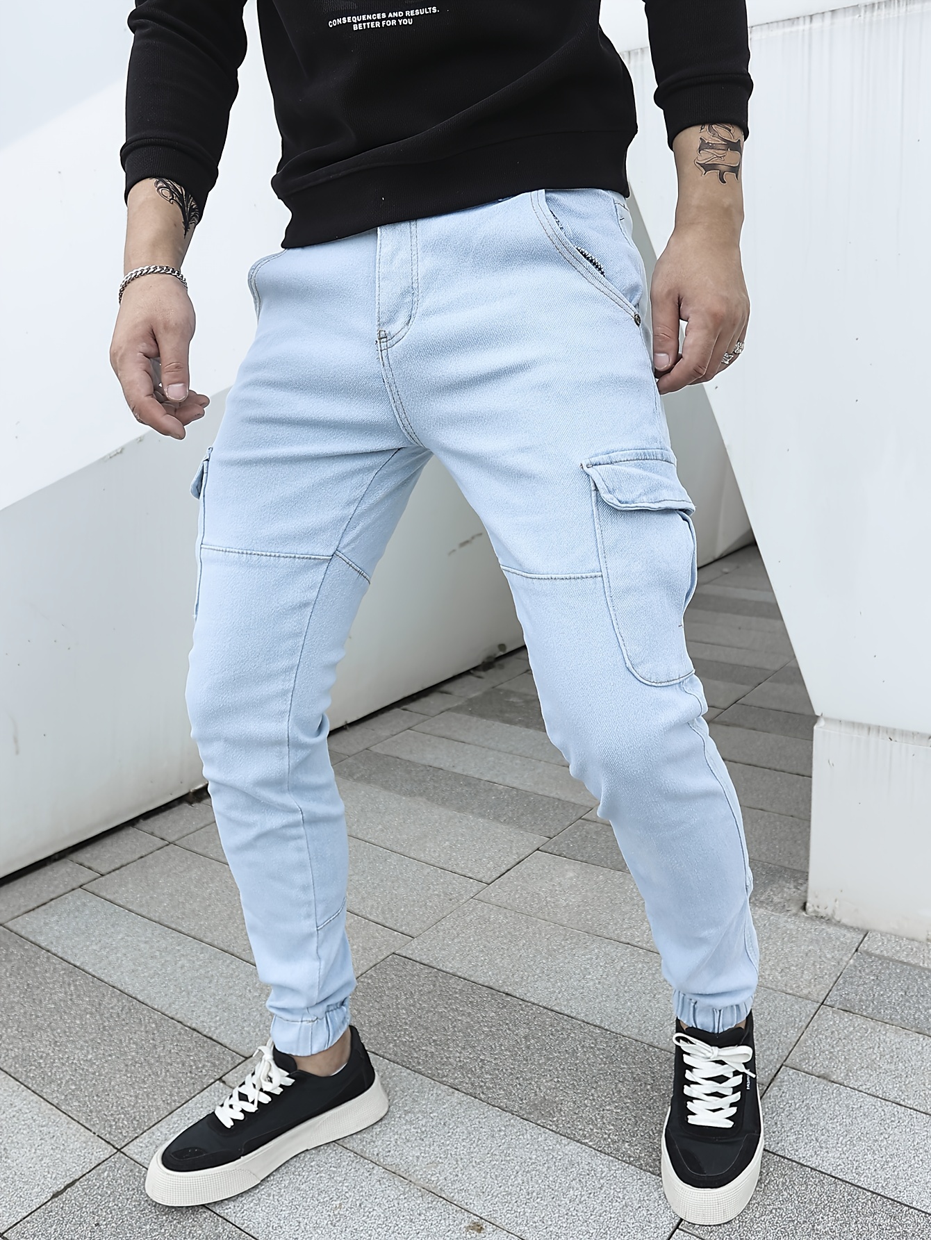 Cotton Blend Denim Multi Flap Pockets Cargo Pants Men's - Temu