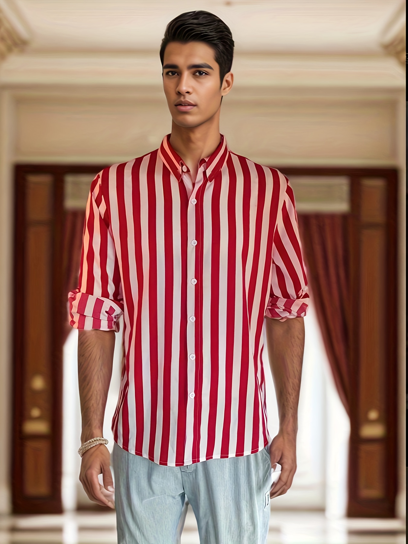 Striped Men's Casual Long Sleeve Button-Down Shirt, Spring Fall Outdoor,  Men's Holiday Top