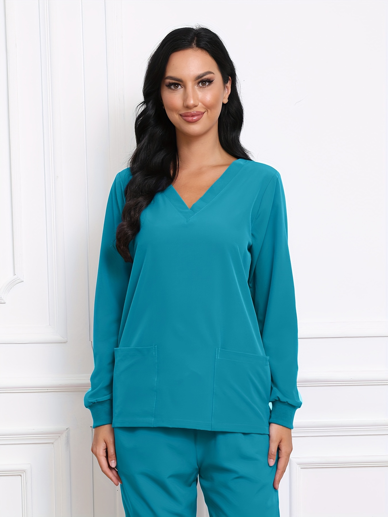 Simple Long Sleeve Scrubs Top Functional Patched Pockets - Temu