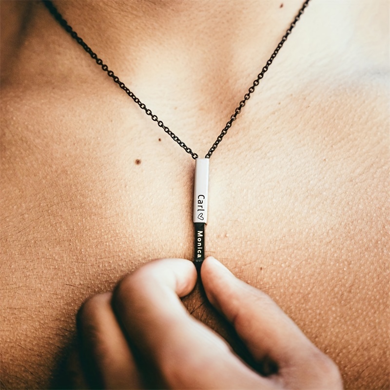 Personalized Square Retractable Necklace Engraved Name Stainless Steel