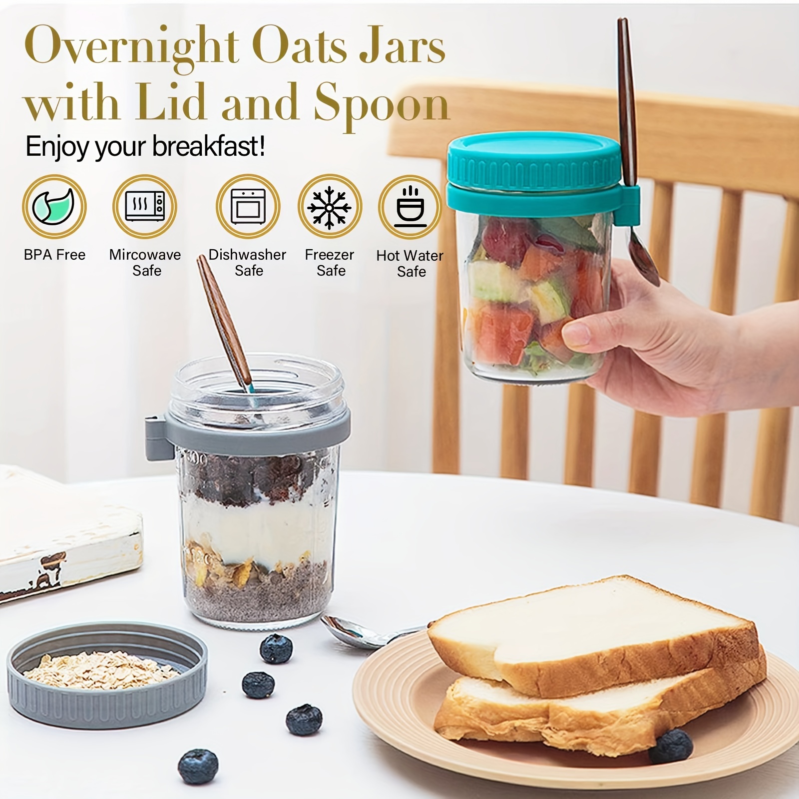 4 Pack Overnight Oats Containers with Lids and Spoons, 12 Oz Glass