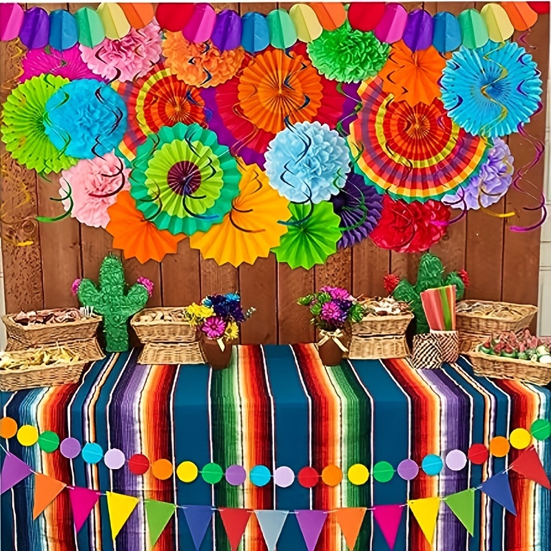 zilue Mexican Party Decorations, Fiesta Party Supplies Hanging Paper Fans Pom Poms Flowers Swirls Garlands String Polka Dot and Triangle Bunting