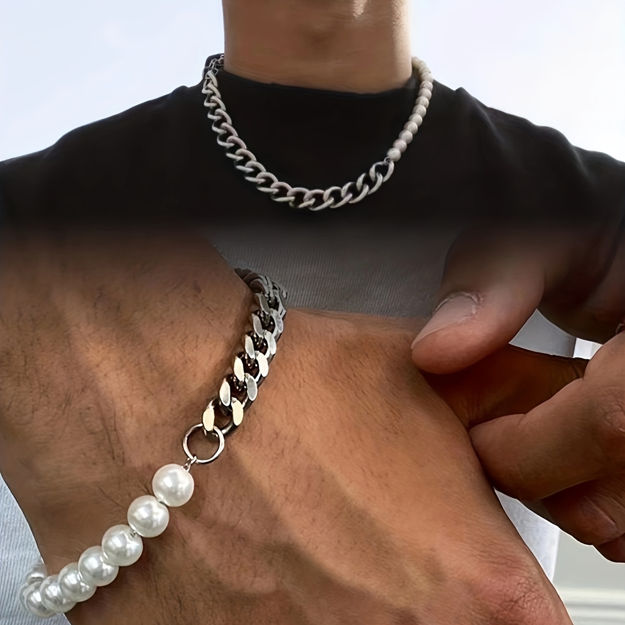 Cadenas Collar de Titanium Acero Inoxidable Para Hombre Cadena de Perla 4  Piezas