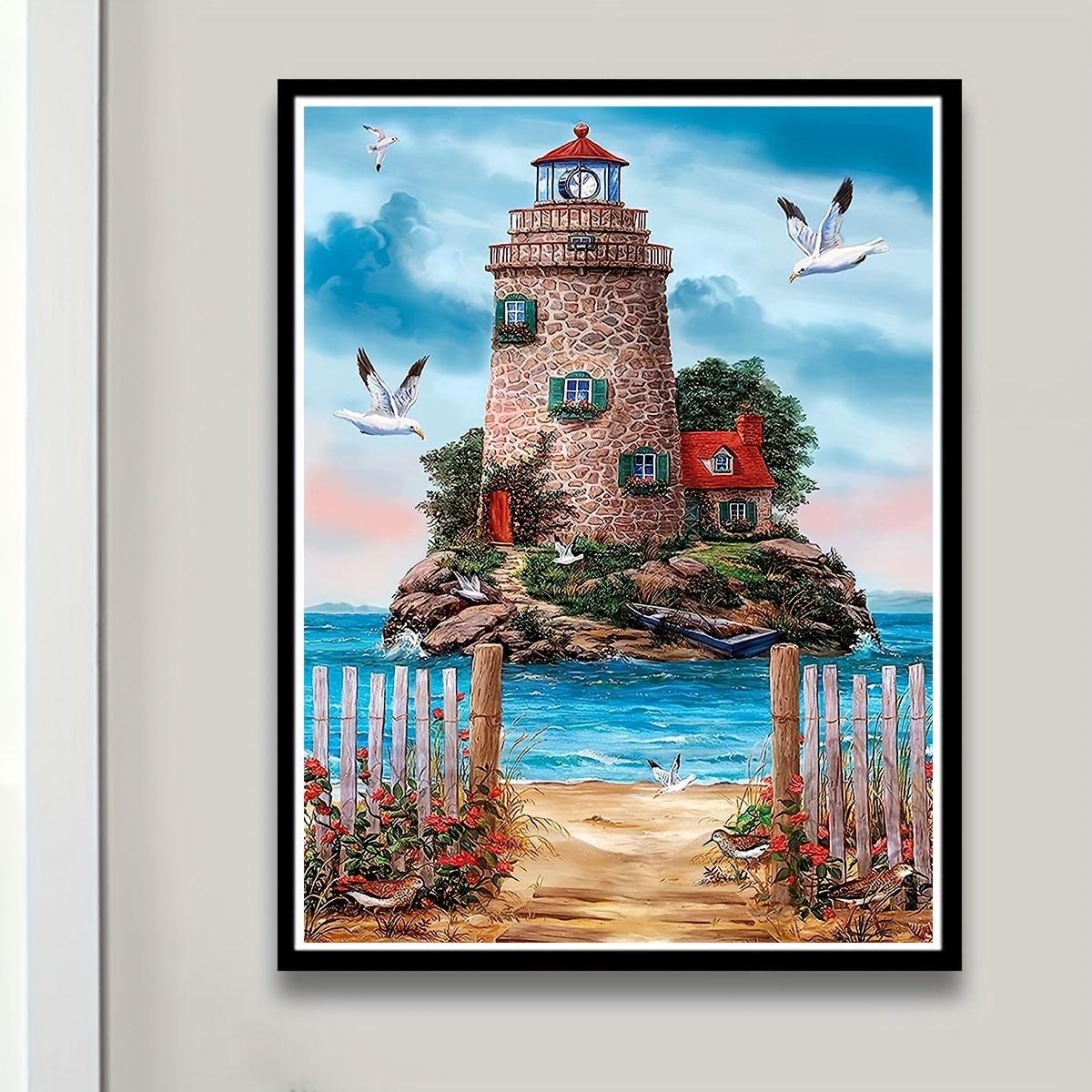 Diamond Painting Seaside Lighthouse Small Boat Design Embroidery