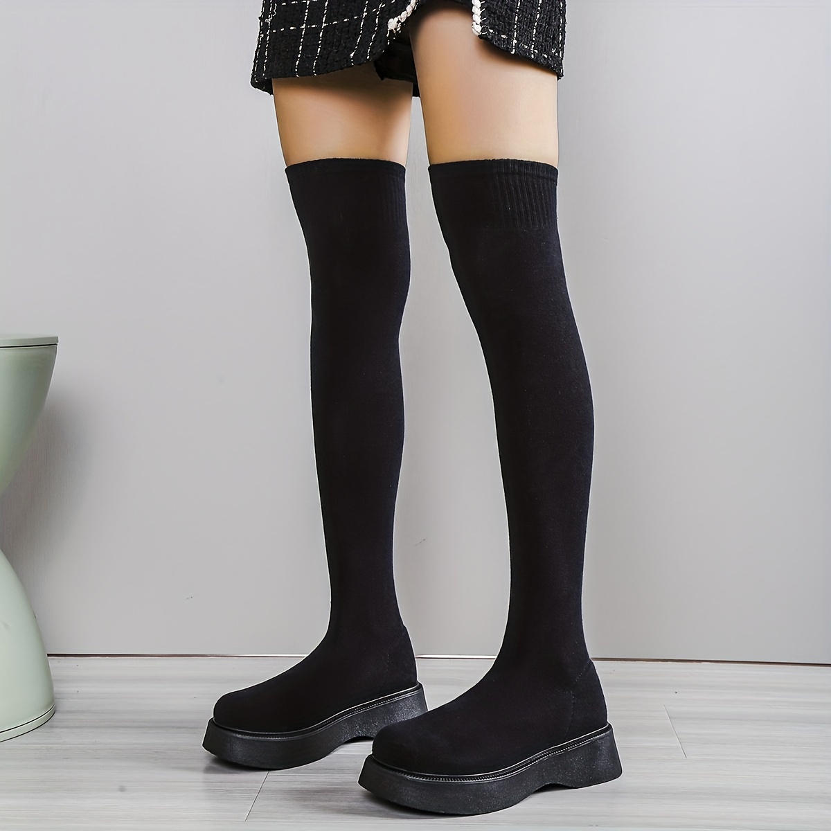 Casual Stretch Socks Over The Knee Boots Womens Anti-Slip Platform Knitted  Shoes