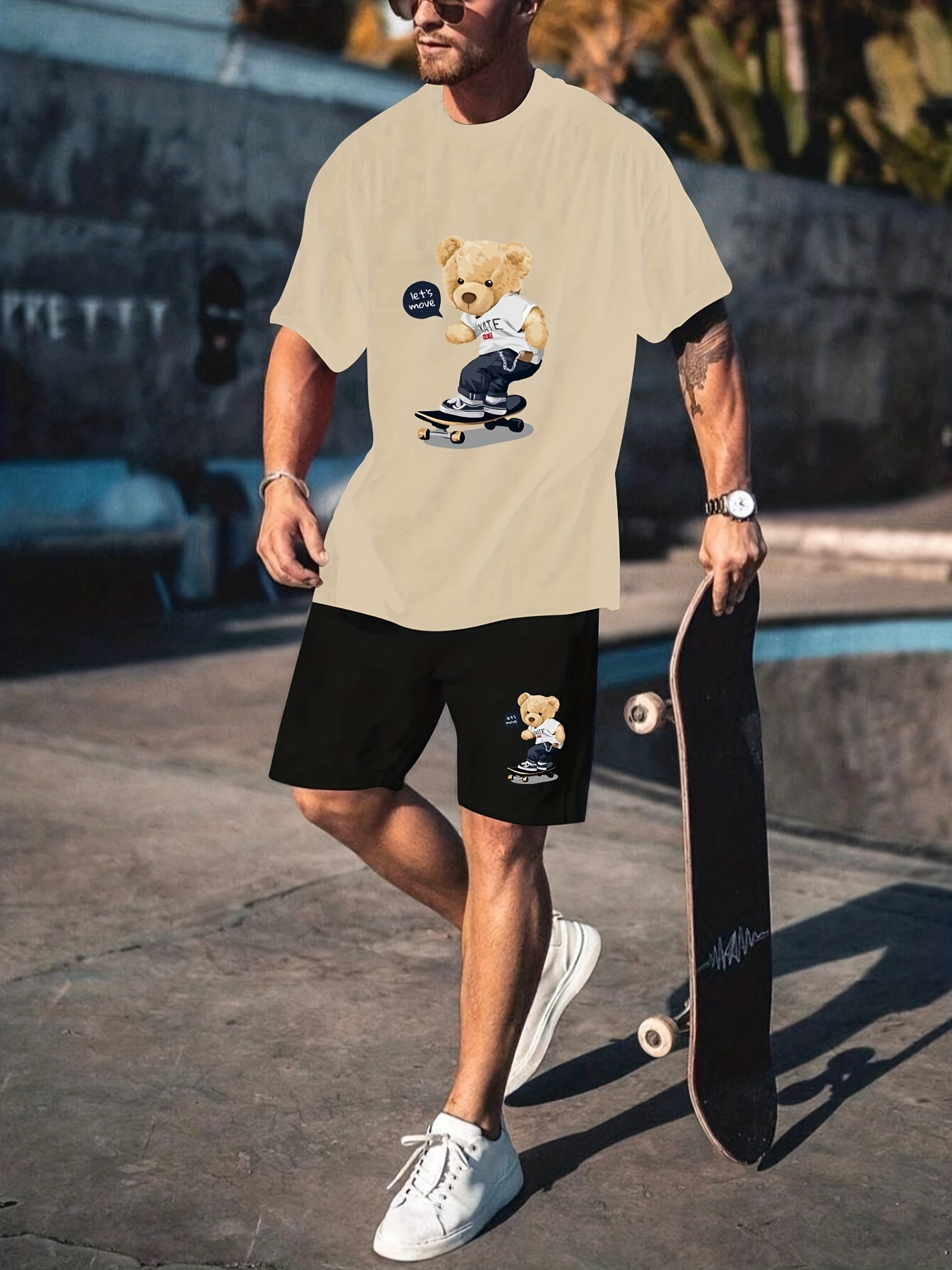 Teddy Bear Skateboard Print Men's Outfits Casual Crew Neck - Temu