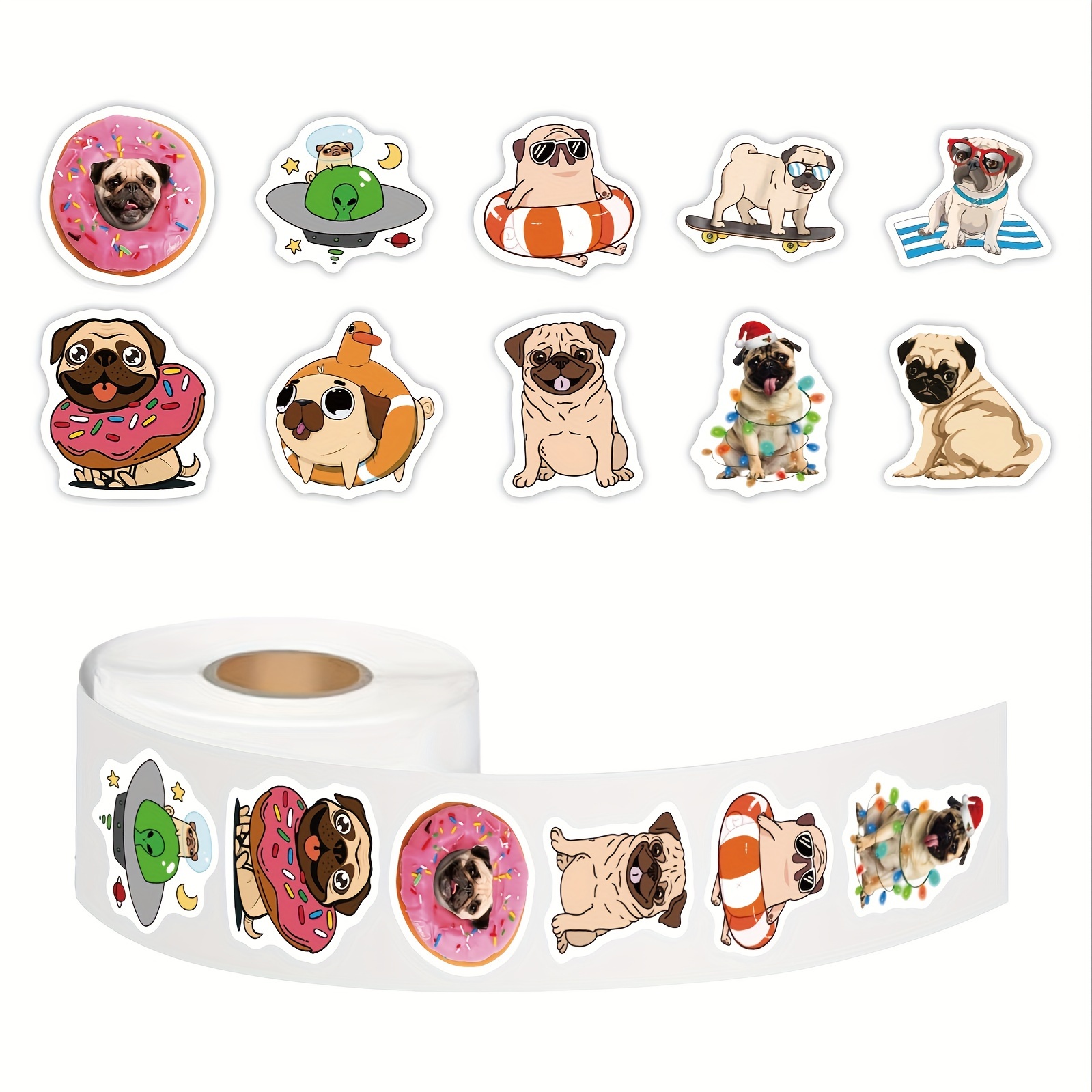 

500pcs Cute Pug Dog Stickers Roll, Cute Kawaii Sticker Pack, Hydroflask Laptop, Waterbottle, Phone, Skateboard, Guitar, Helmet, Bike Décor