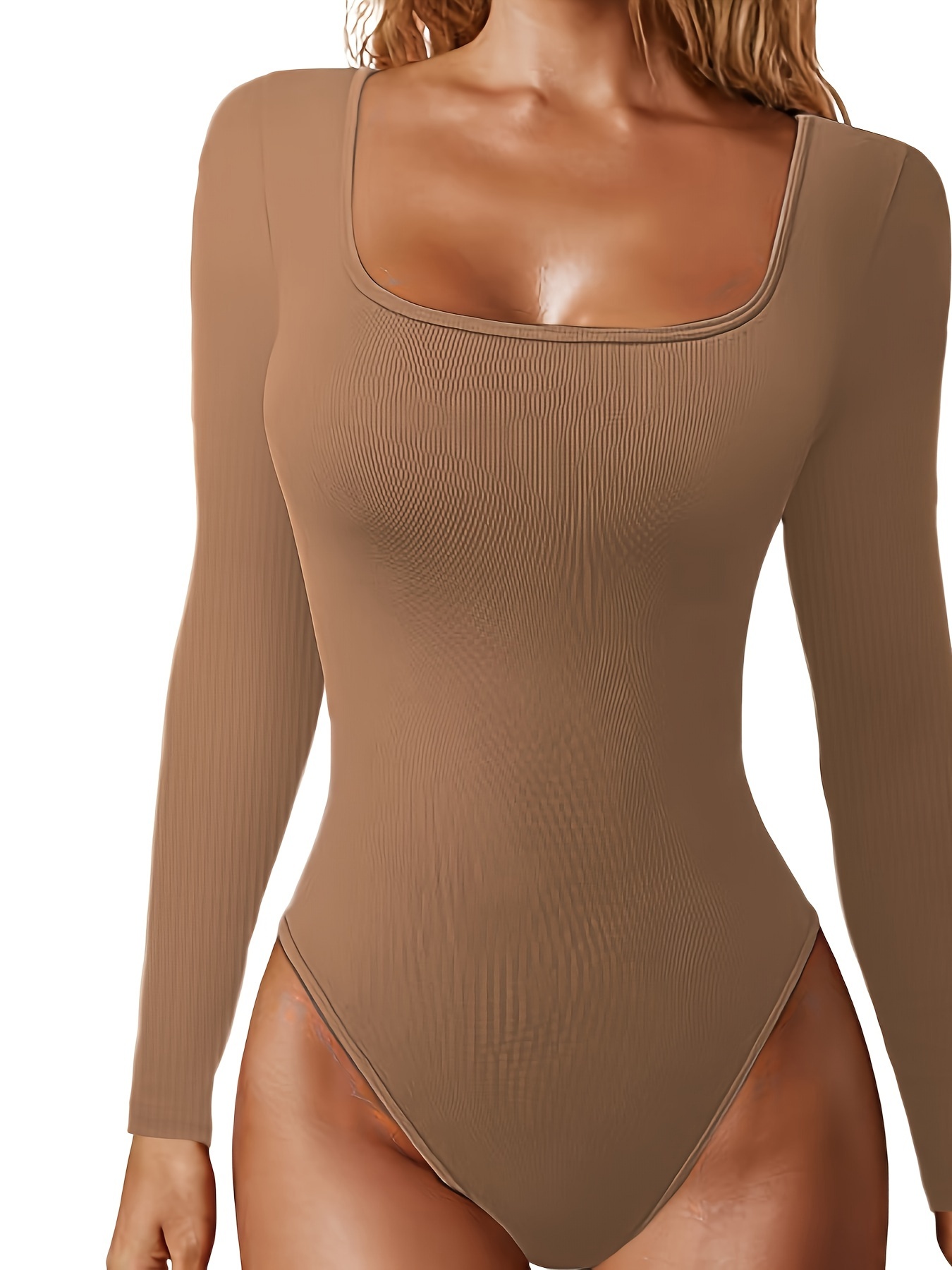 Plus Size Sexy Bodysuit, Women's Plus Solid Long Sleeve Surplice Neck  Ribbed Knit Slim Fit Bodysuit